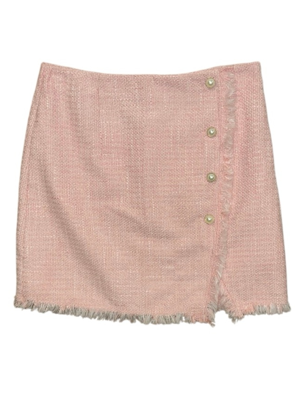 Francesca's Blue Rain Faux-Wrap Pink Plaid Tweed Mini Skirt - Picture 2 of 9
